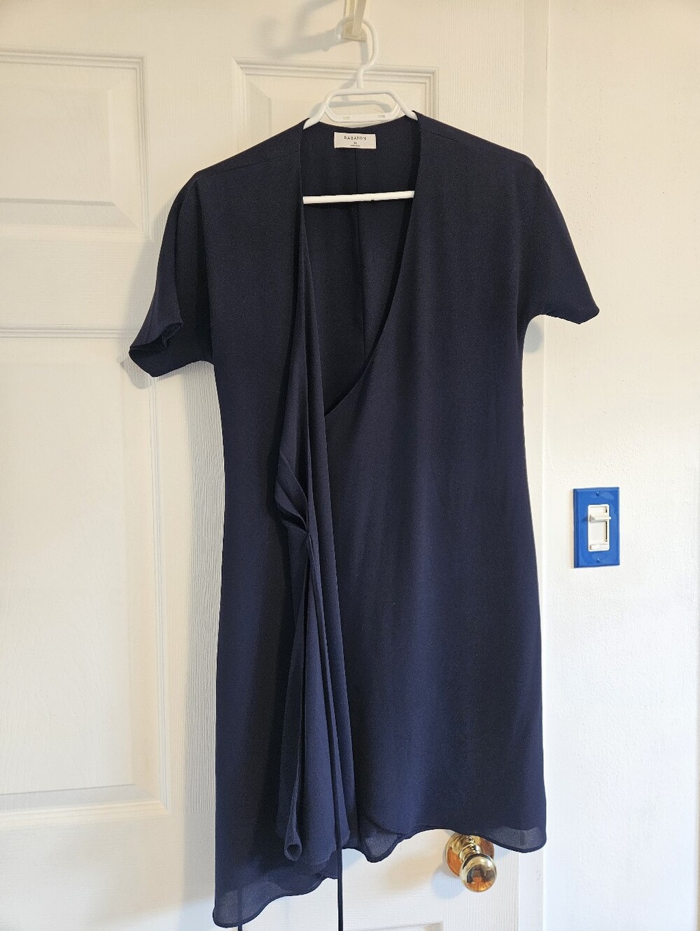 Aritzia Navy Short Sleeve Wrap-Style Mini Dress